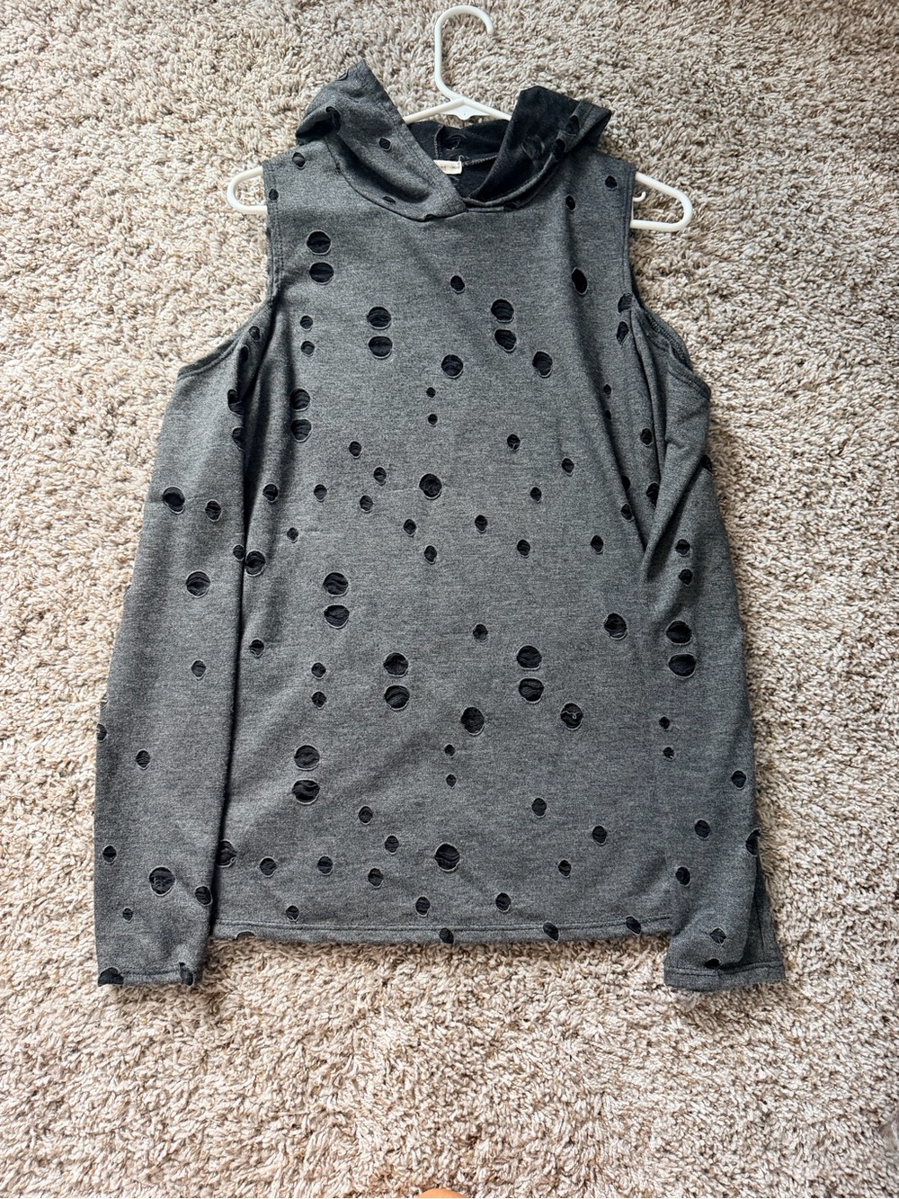 Women's Distressed Cold-Shoulder Hoodie Sweater - Gray - Picture 3 of 4